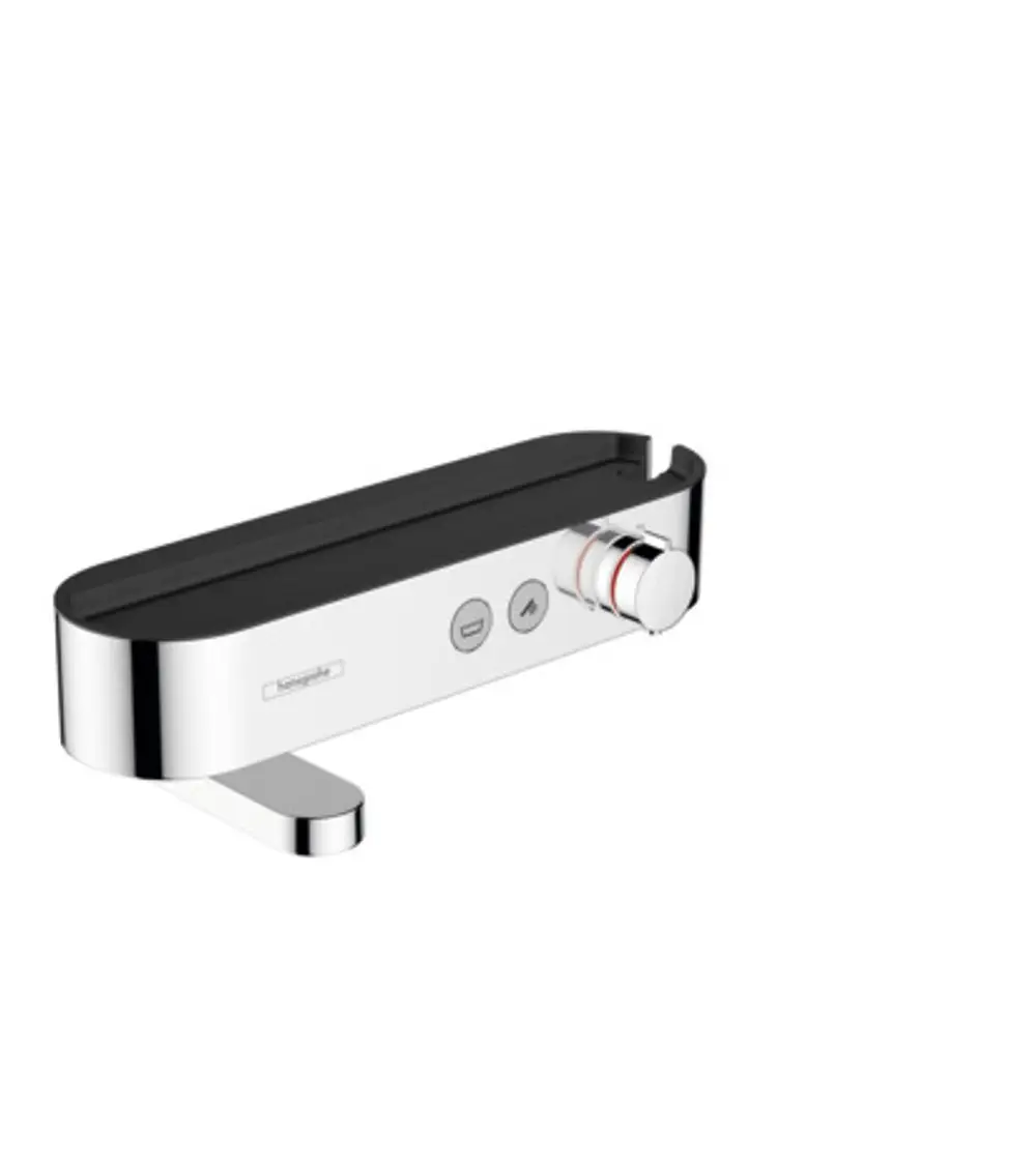 Chromfarbener Thermostat von Hansgrohe mit einer flachen Oberfläche, einem Drehknopf und zwei Tasten zur Steuerung von Wassertemperatur und -fluss.